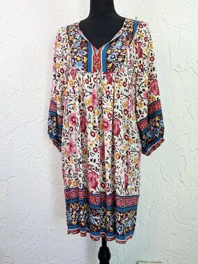 White Pink Boho Floral Print Balloon Sleeve Peasant Mini Dress Medium